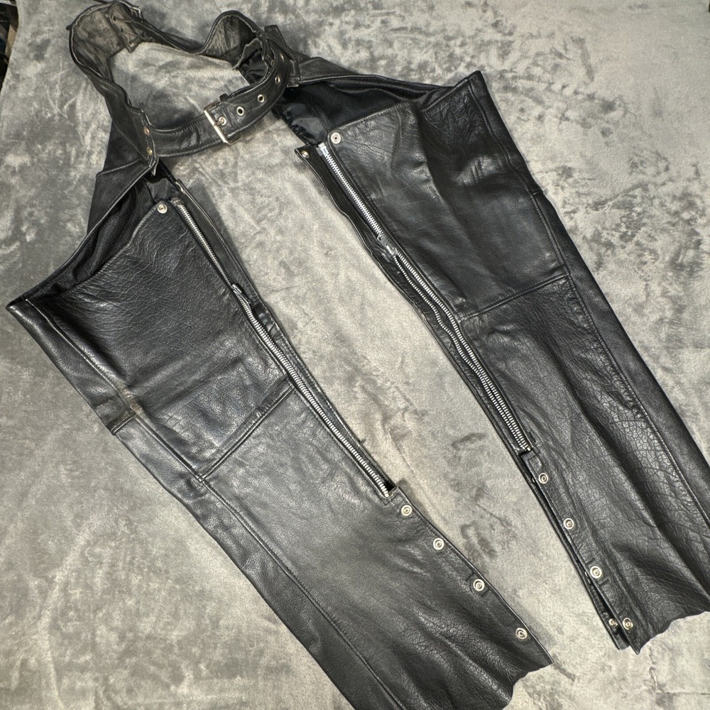 Leather King Genuine Leather Biker Chaps Size LARGE Black Leather, Zippers/Snaps